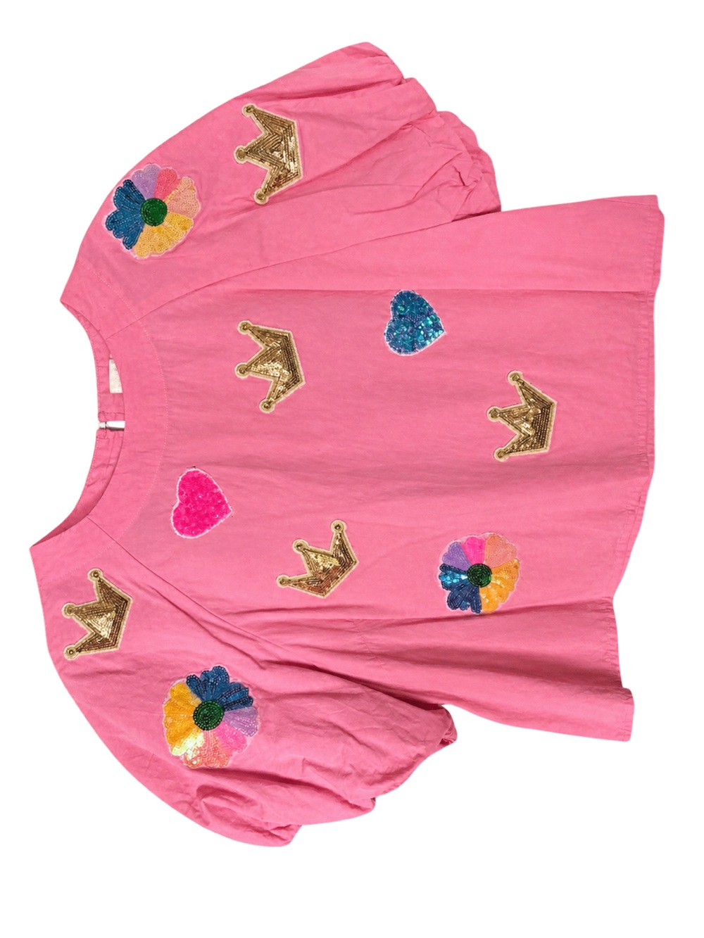 Main Strip Pink Top with Sequin Crowns, Hearts & Flowers